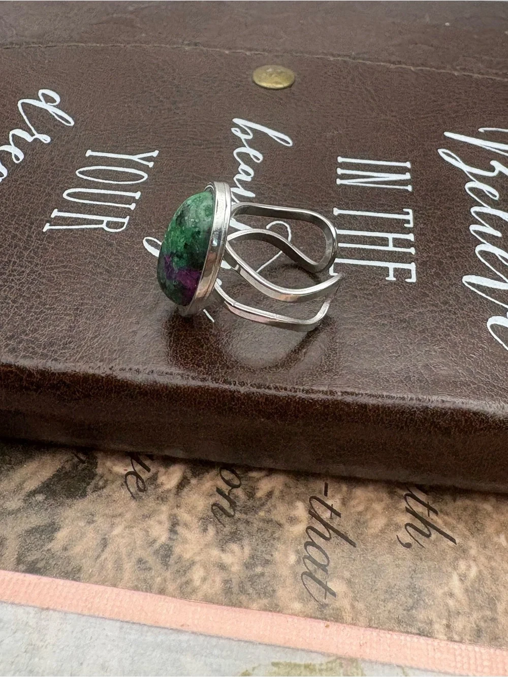Handmade Ruby Zoisite Adjustable Stainless Steel Statement Ring Boho